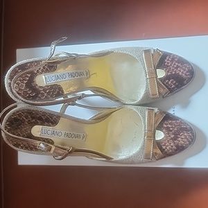 Luciano Padovan gold and snakeskin strappy high heels